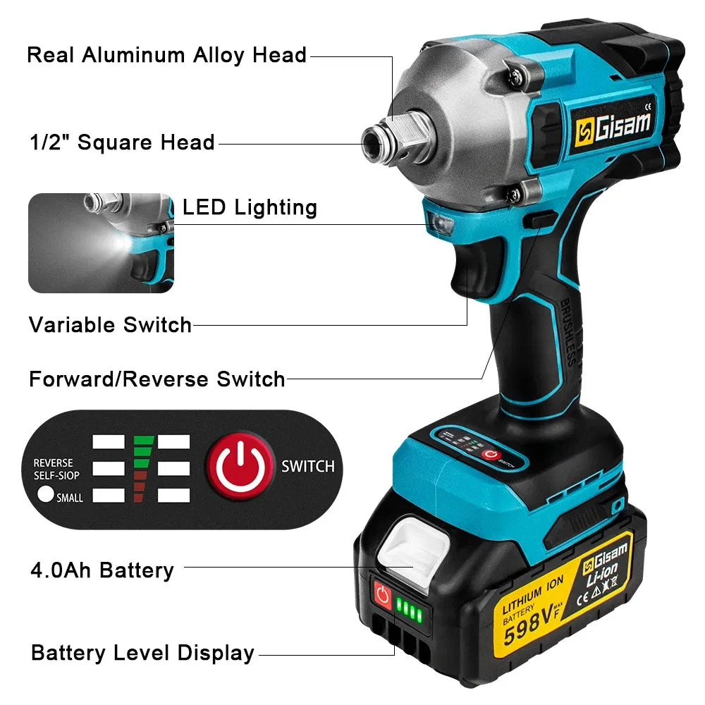 1000N.M Brushless Electric Impact Wrench Cordless Electric Wrench 1/2 inch Screwdriver Socket Power Tools for Makita 18V Battery