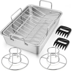 15¼" Roasting Pan with Rack, 7 PCS  Stainless Steel Roaster, Lasagna Pan with Cooling Flat & V-Shaped Baking Rack, Grilling Chicken Holder, Meat Shredding Claws,