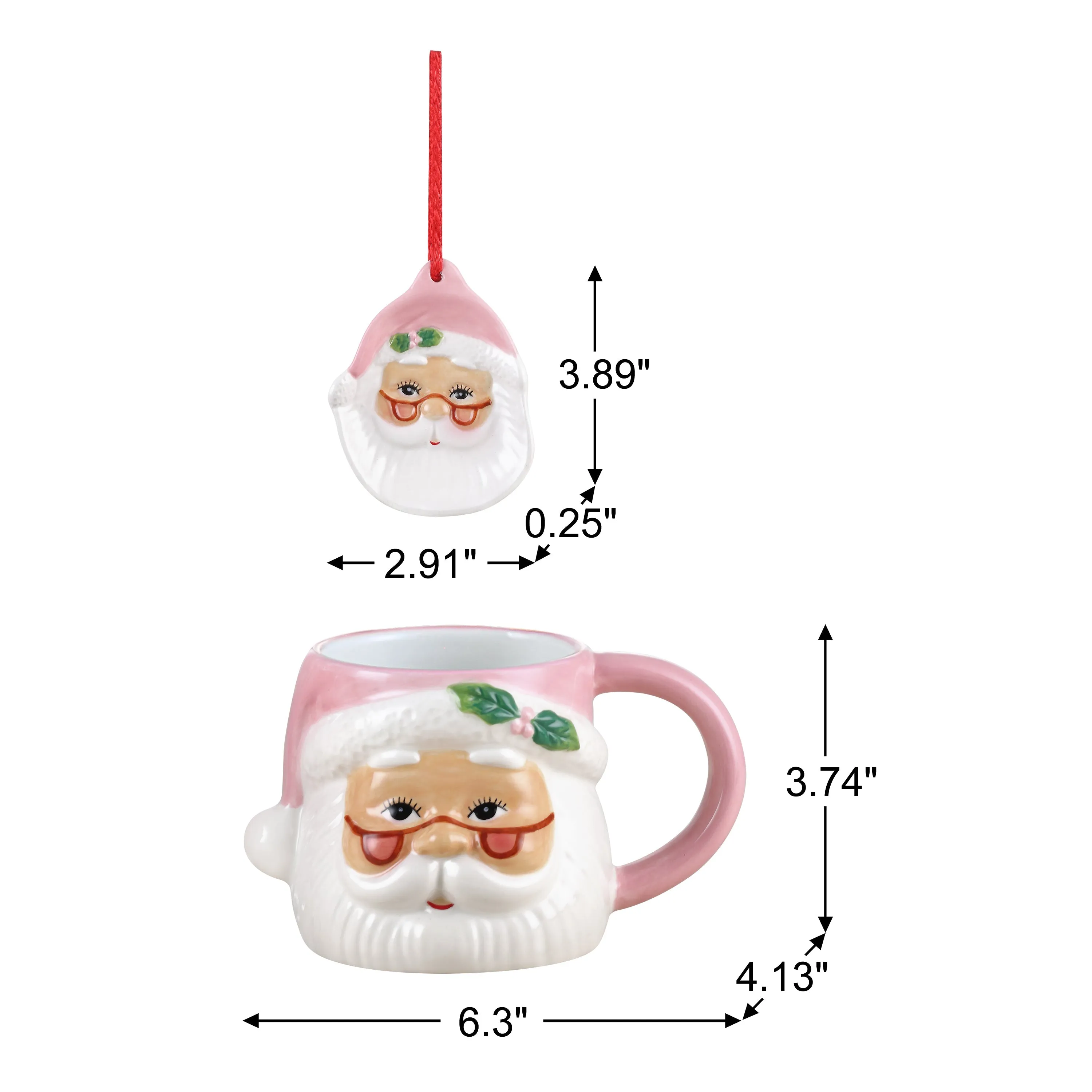 16 oz. Ceramic Santa Mug and Ornament Set - Pink