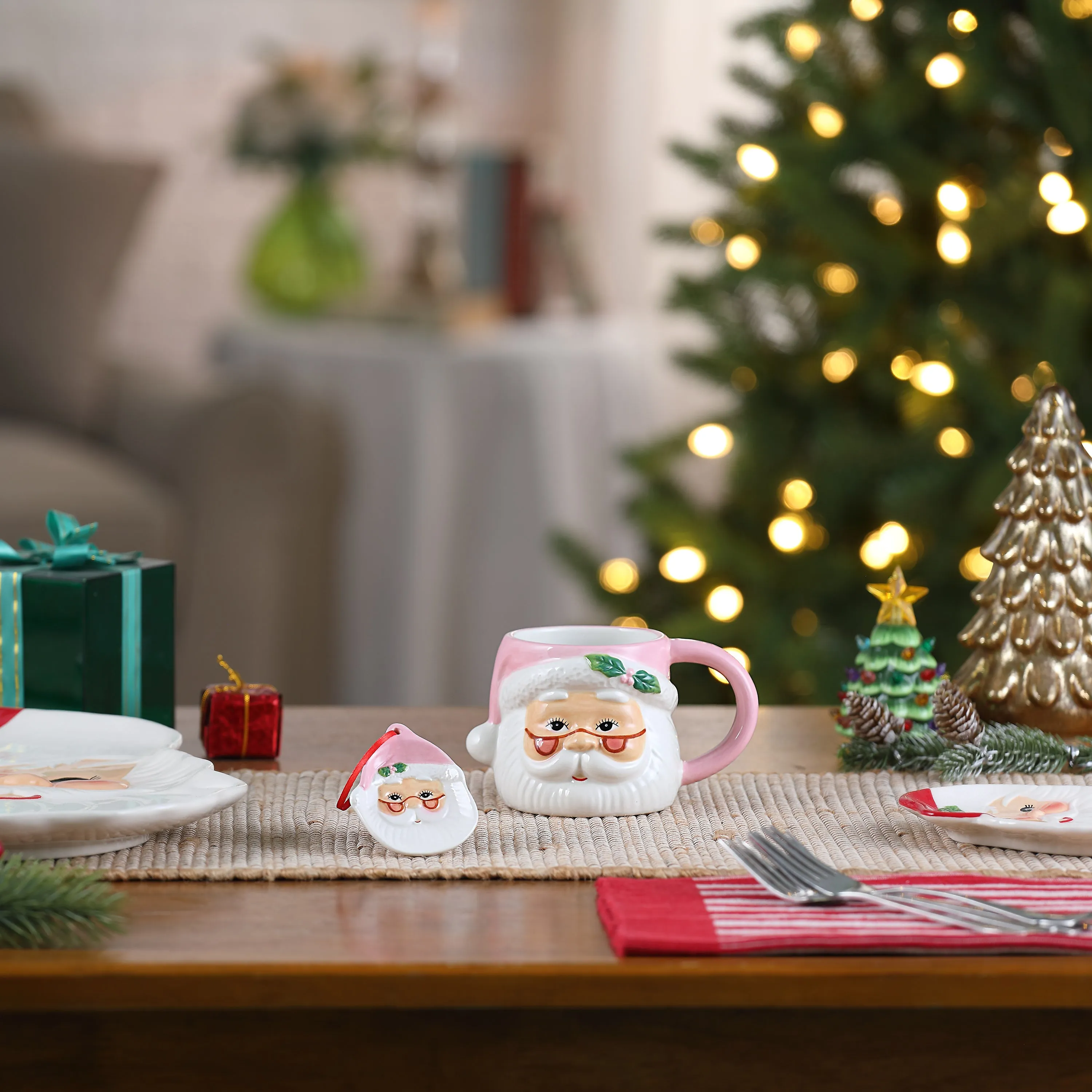 16 oz. Ceramic Santa Mug and Ornament Set - Pink