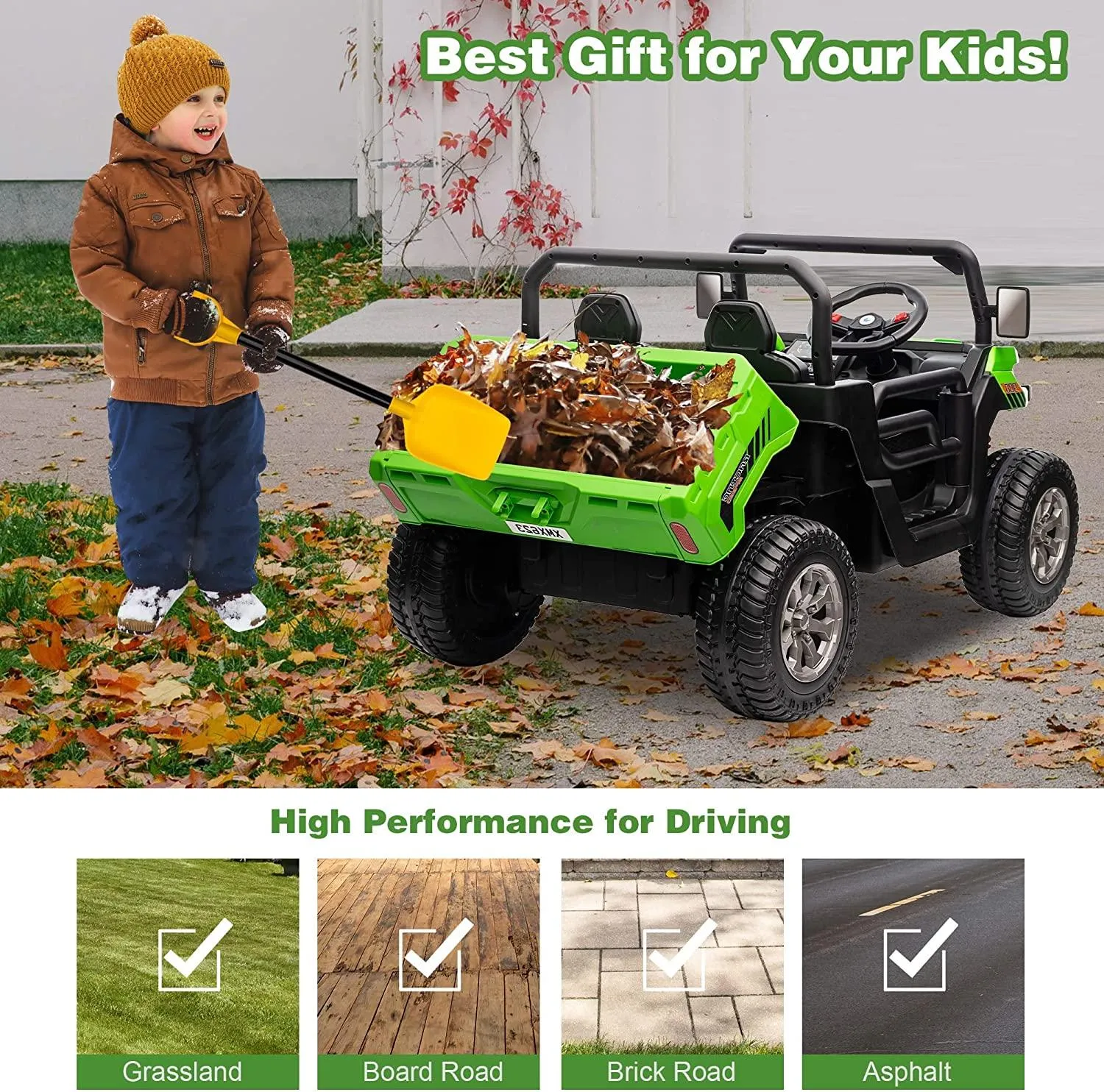 24V 2-Seater Kids Ride On Dump Truck with Dump Bed and Shovel, Kids UTV Battery Powered Cars w/ Remote Control