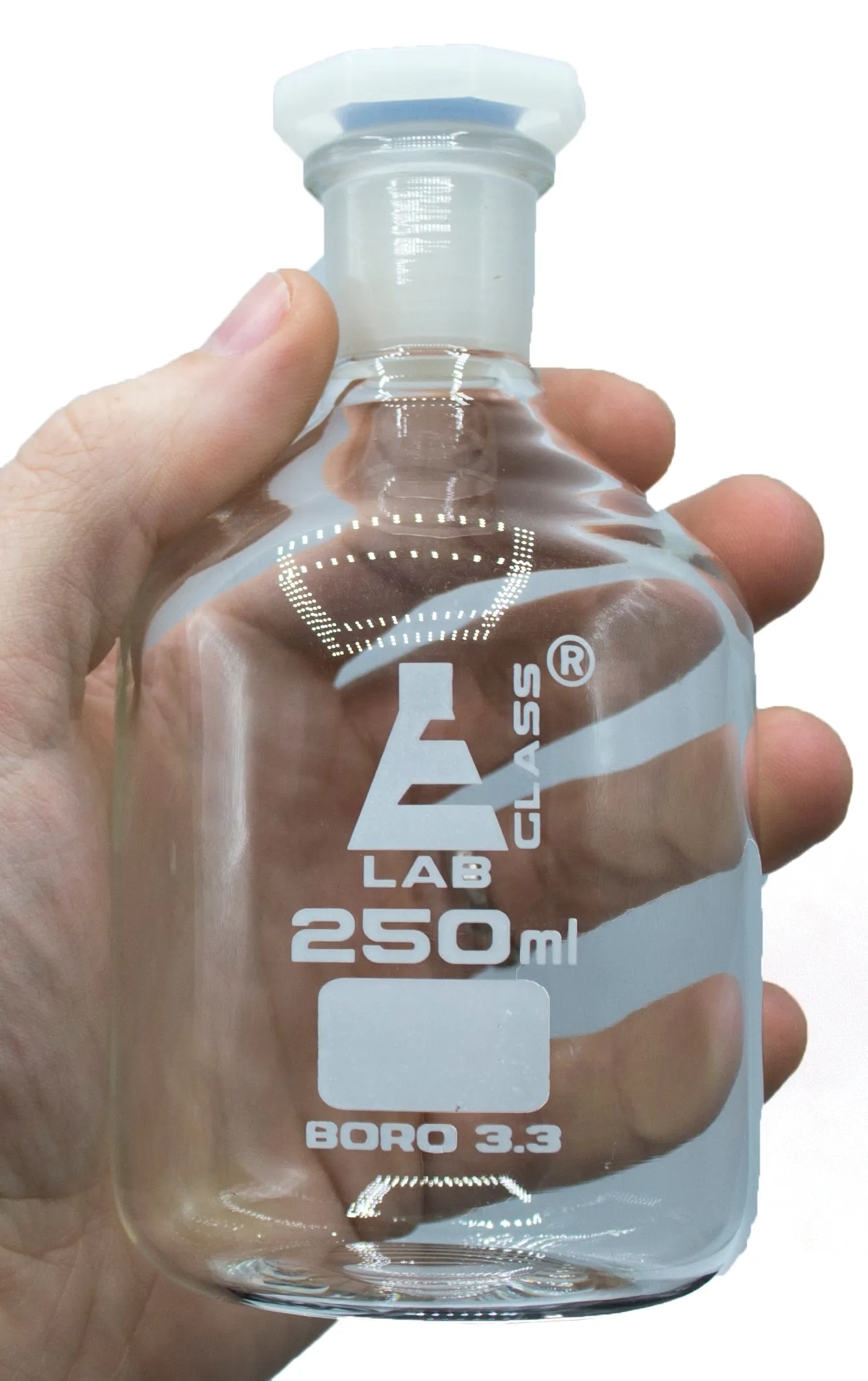 250mL (8.4oz) Glass Reagent Bottle with Acid Proof Polypropylene Stopper, Borosilicate 3.3 Glass - Eisco Labs