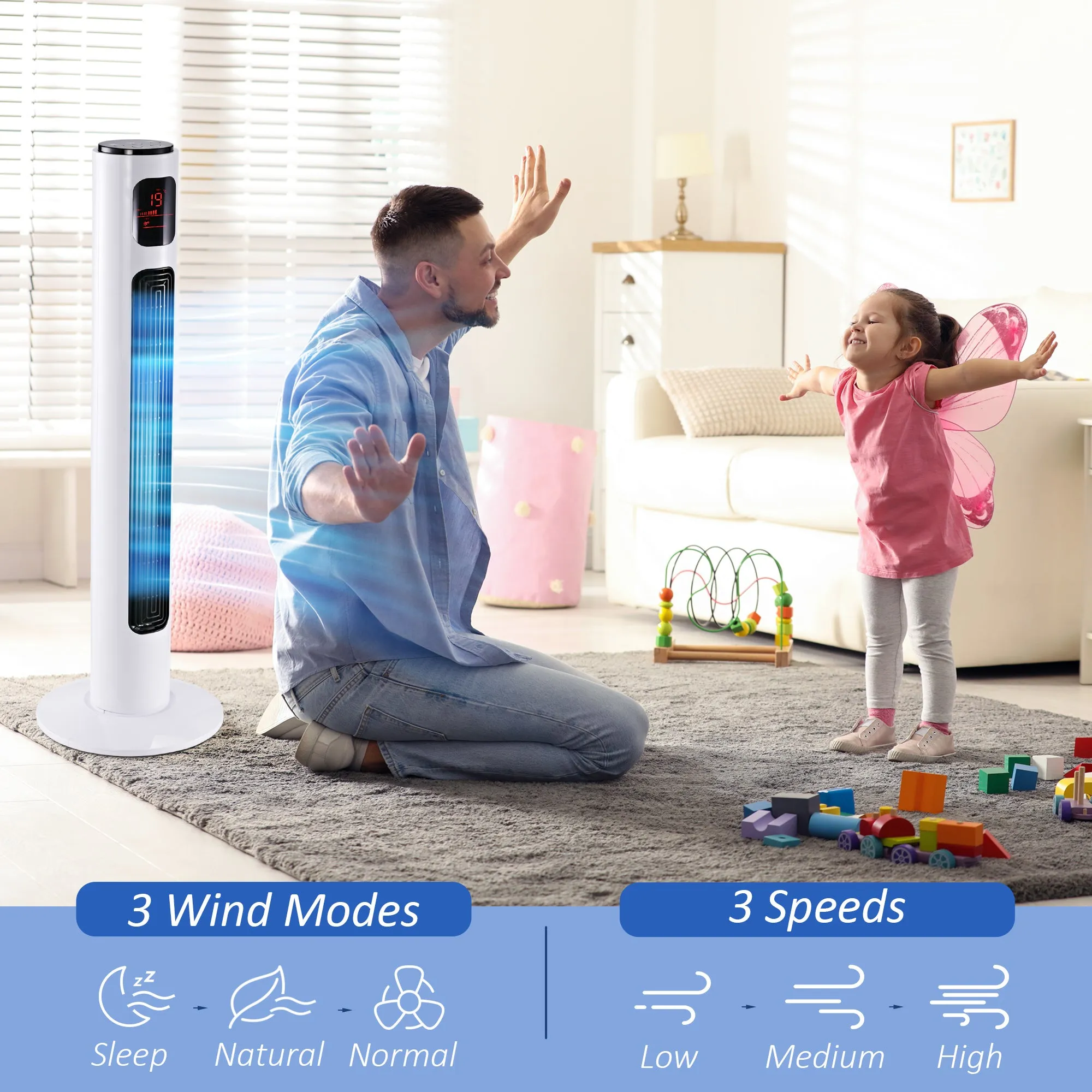 38'' Freestanding Tower Fan, 3 Speed 3 Mode, 12h Timer, 70 Degree Oscillation, LED Panel, 5M Remote Controller, White