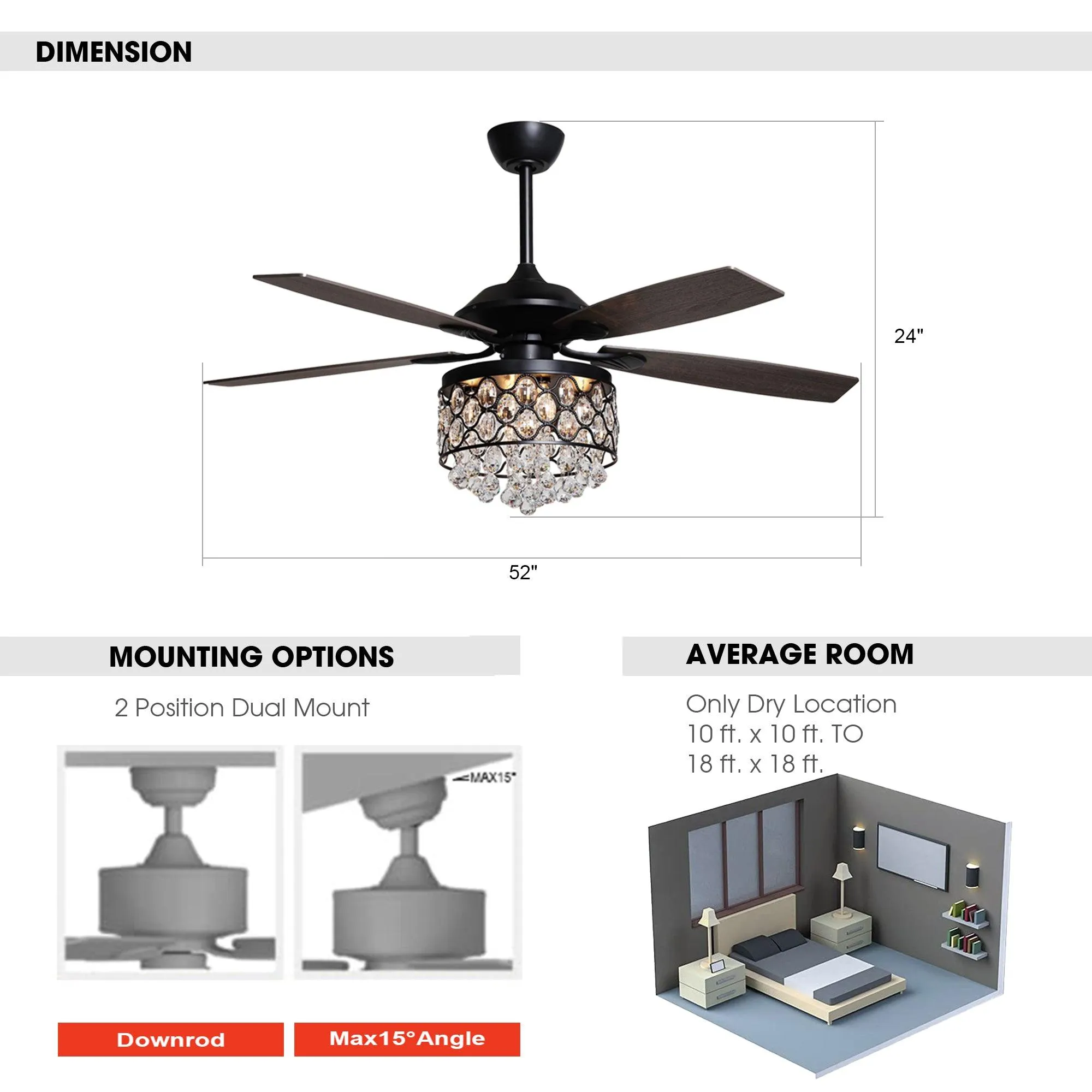 52" Berkshire Modern Downrod Mount Reversible Crystal Ceiling Fan with Lighting and Remote Control