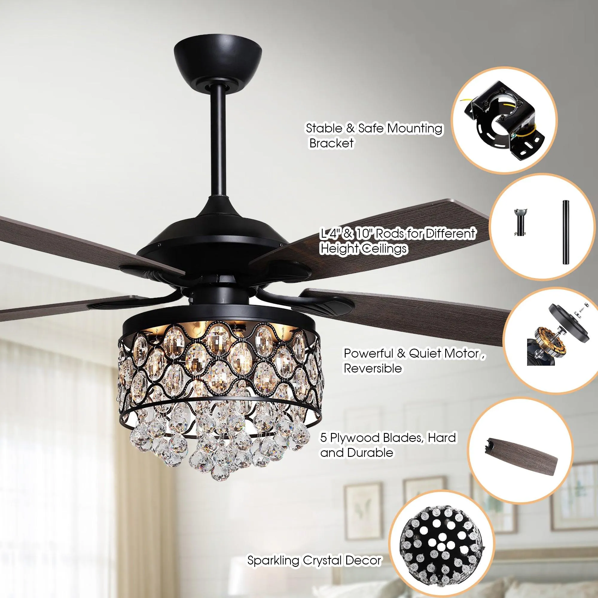 52" Berkshire Modern Downrod Mount Reversible Crystal Ceiling Fan with Lighting and Remote Control