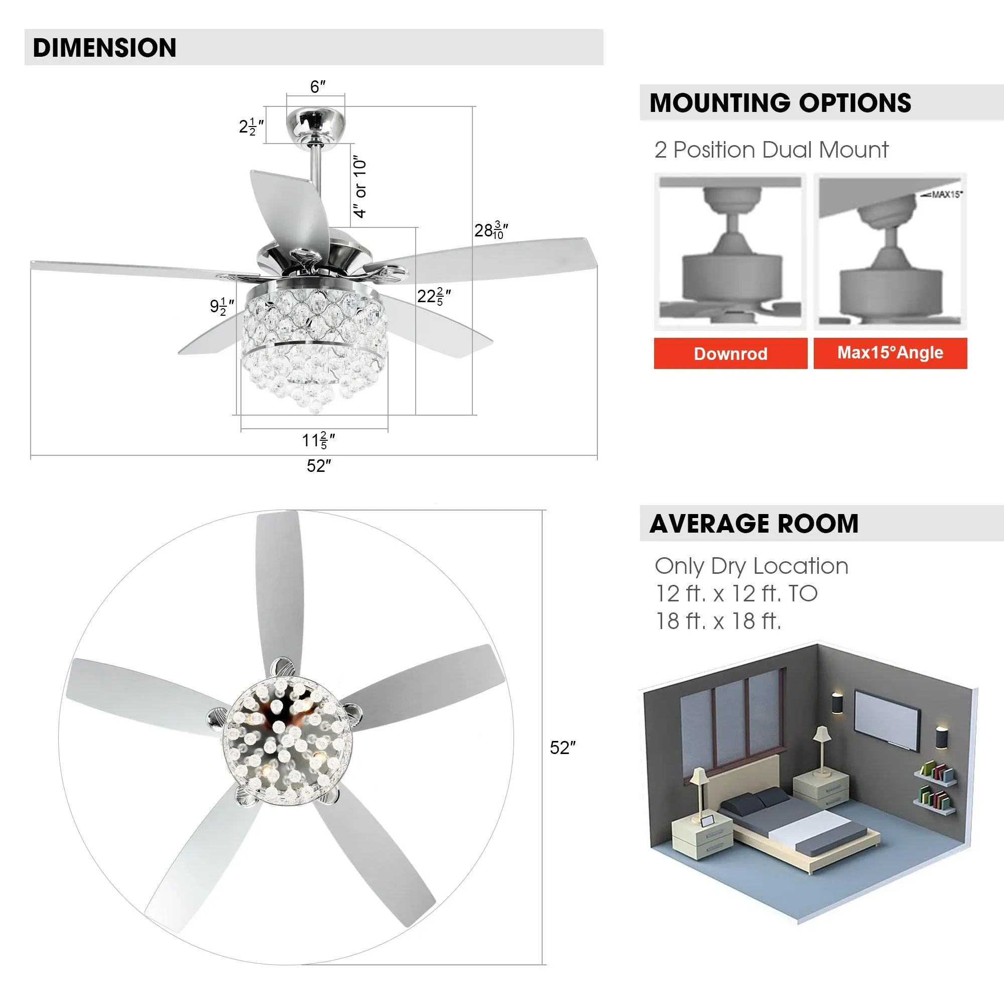 52" Berkshire Modern Downrod Mount Reversible Crystal Ceiling Fan with Lighting and Remote Control