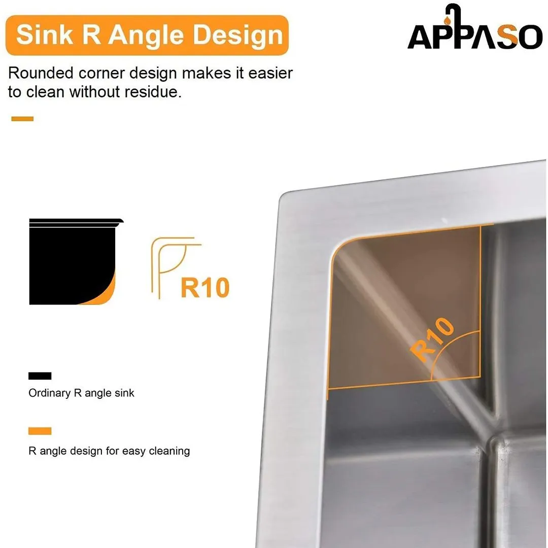 APPASO 30-Inch Single Bowl Kitchen Sink Undermount 16-Gauge Stainless Steel Handmade HS3018