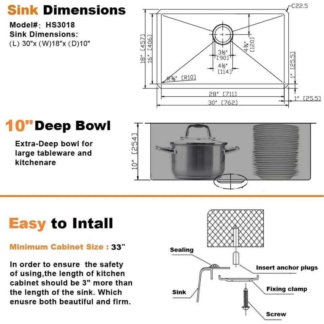 APPASO 30-Inch Single Bowl Kitchen Sink Undermount 16-Gauge Stainless Steel Handmade HS3018