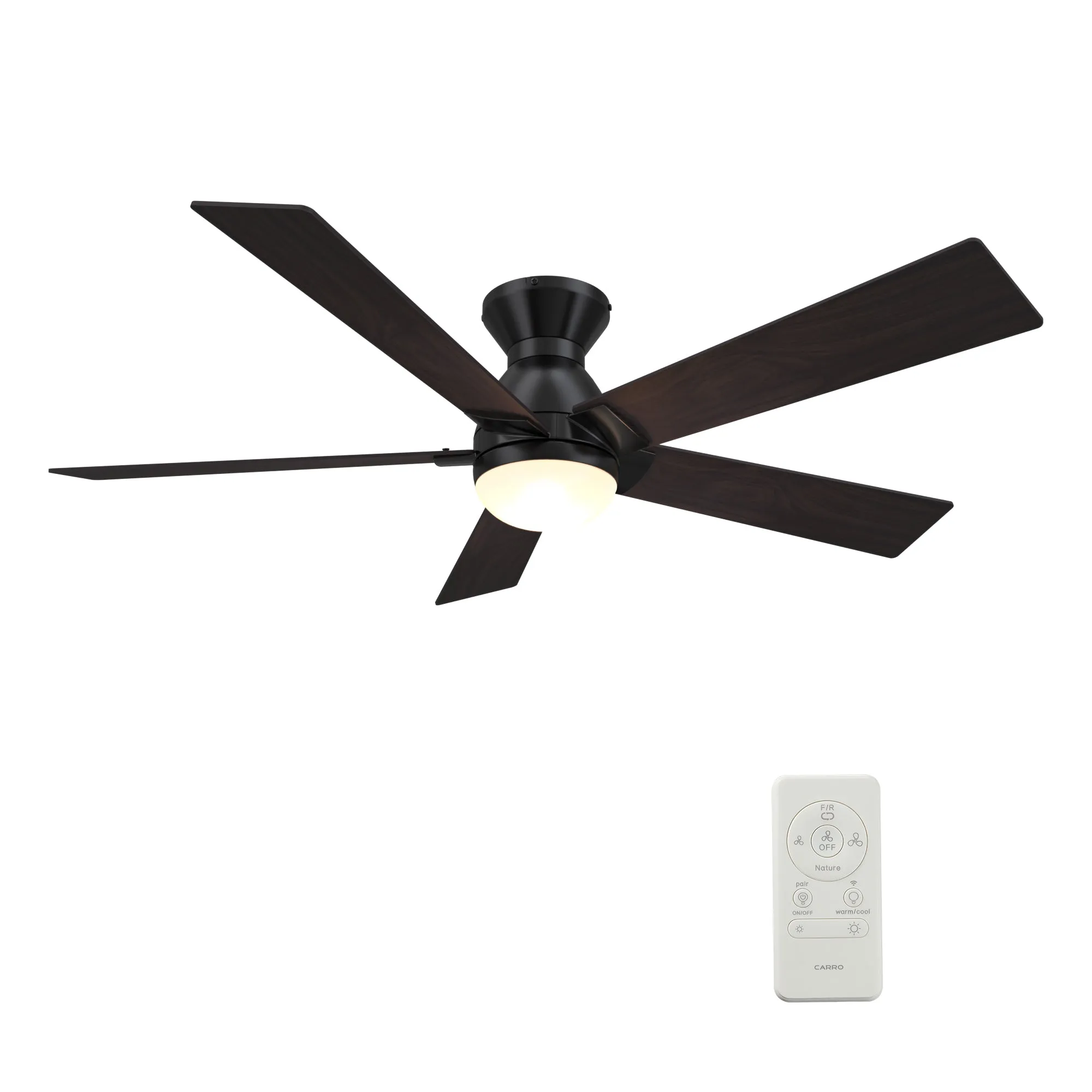 ASCENDER 52 inch 5-Blade Flush Mount Smart Ceiling Fan with LED Light & Remote Control - Black/Walnut & Barnwood (Reversible Blades)