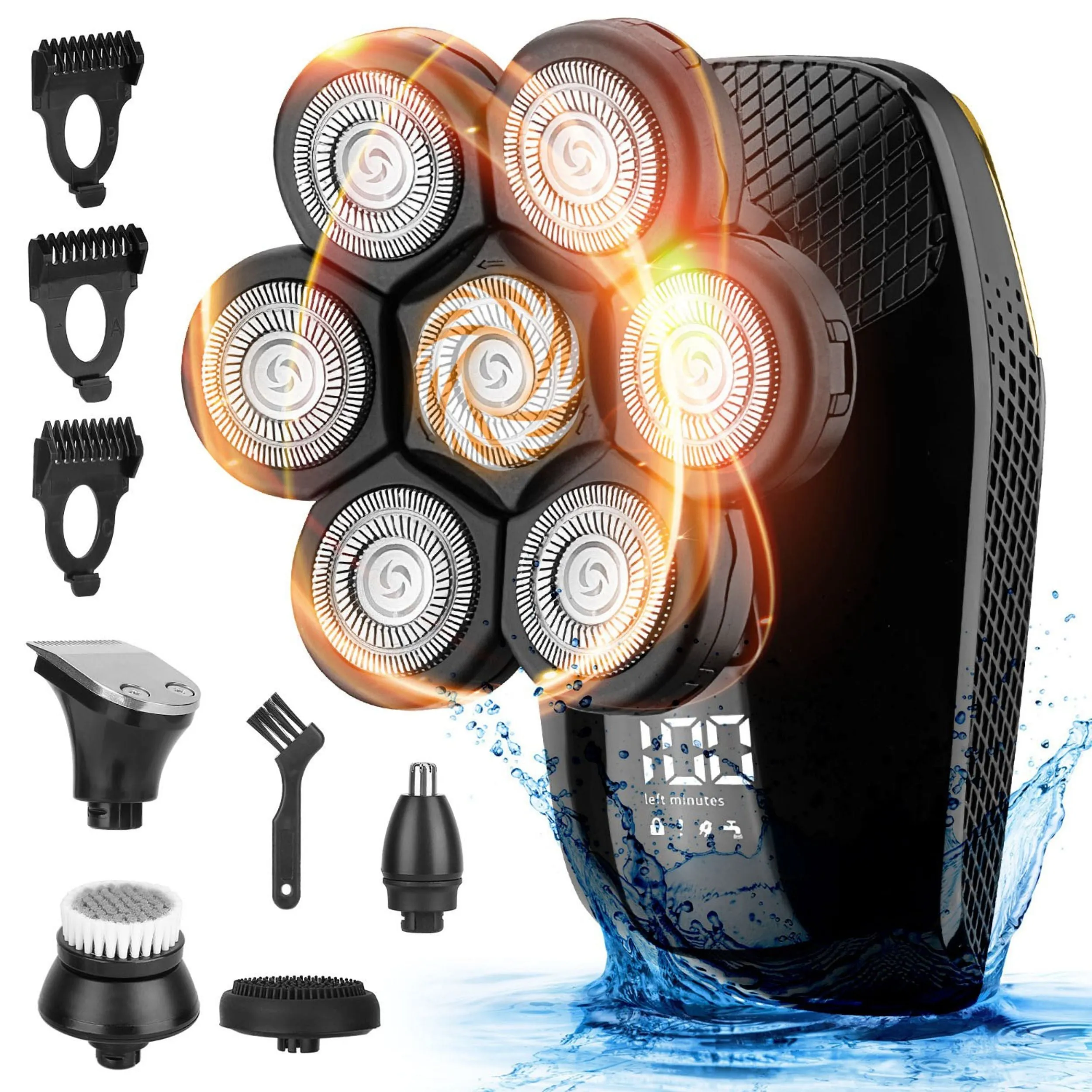 Bald Men's 5-in-1 Electric Rotary Razor Kit: Rechargeable, Cordless, IPX6 Waterproof, Dry/Wet Grooming with 3 Combs