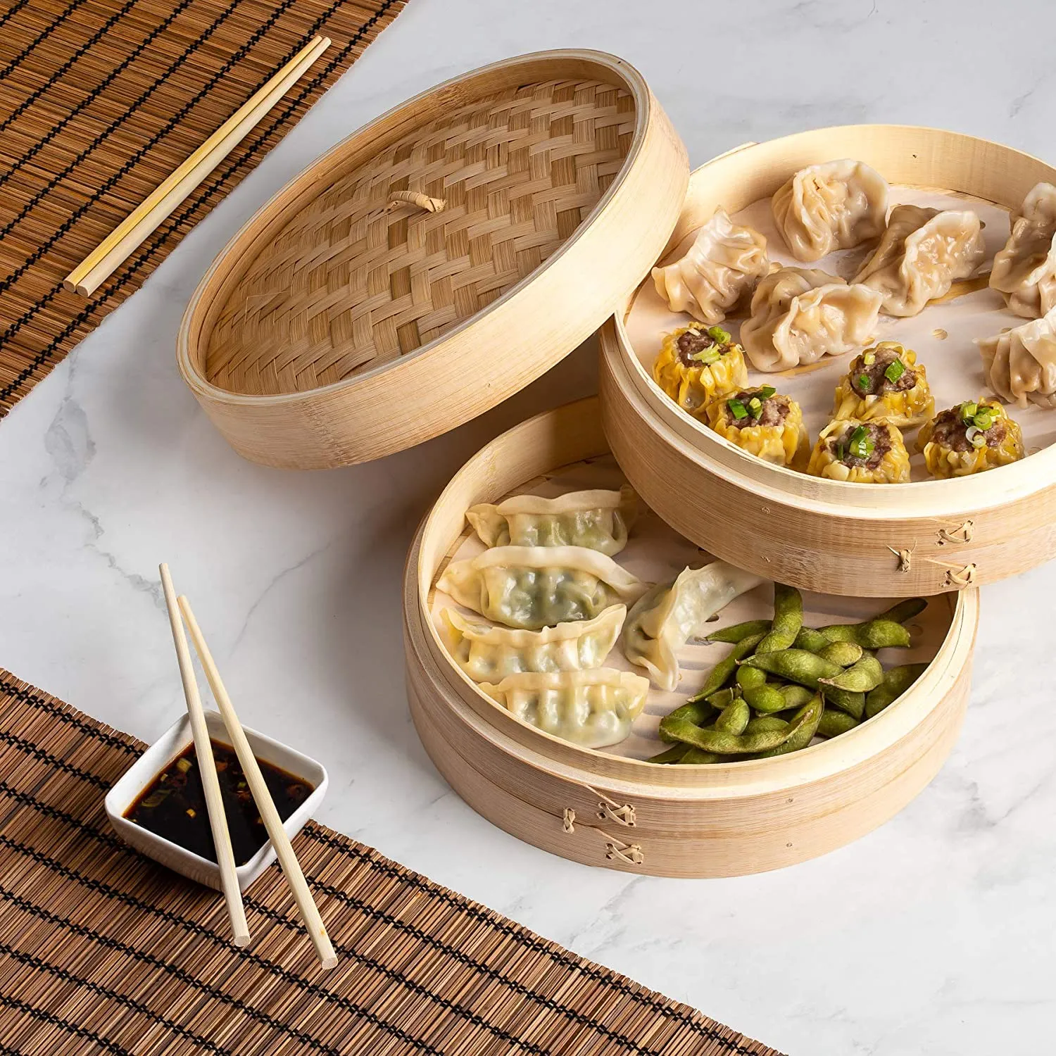 Bamboo Steamer Basket 10 Inch Or 12 inch- Dumpling Maker, Vegetable Steamer- 2 Sets of Chopsticks, 1 Sauce Dish & 50 Liners