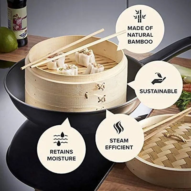 Bamboo Steamer Basket 10 Inch Or 12 inch- Dumpling Maker, Vegetable Steamer- 2 Sets of Chopsticks, 1 Sauce Dish & 50 Liners