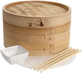 Bamboo Steamer Basket 10 Inch Or 12 inch- Dumpling Maker, Vegetable Steamer- 2 Sets of Chopsticks, 1 Sauce Dish & 50 Liners