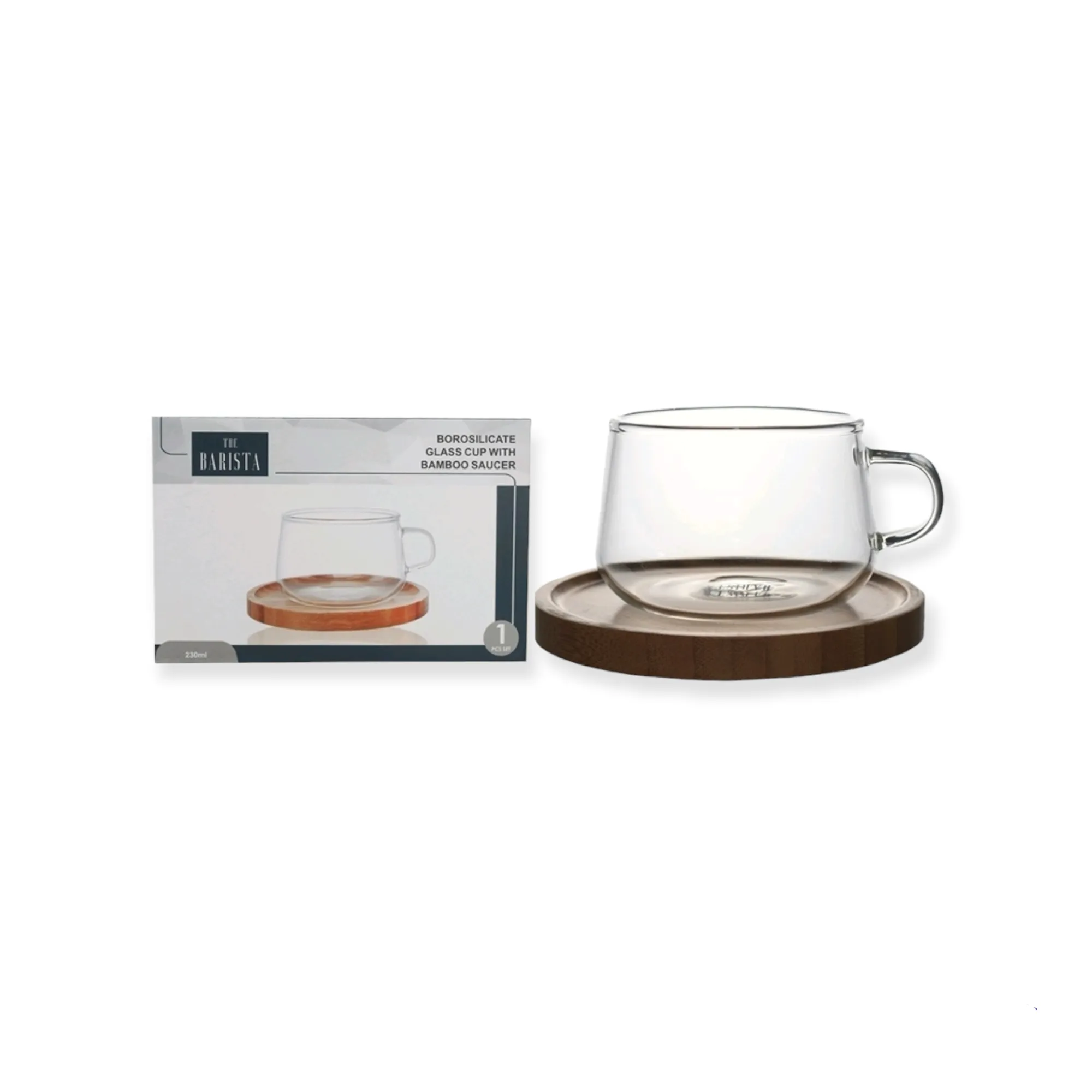 Barista 230ml Borosilicate Café Tea Coffee Cup & Bamboo Saucer 11405