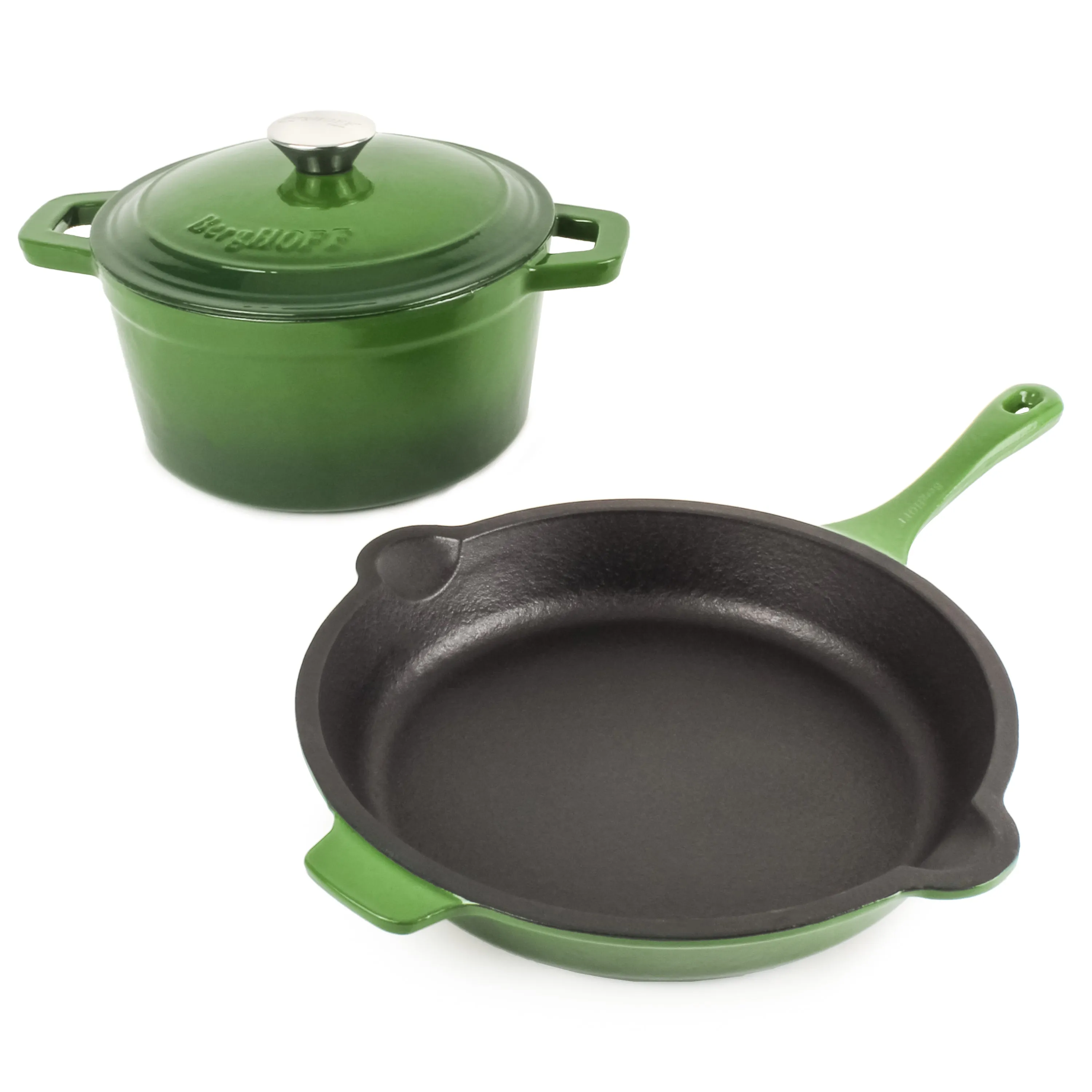 BergHOFF Neo 3pc Cast Iron Cookware Set, Fry Pan & Round Dutch Oven, Green