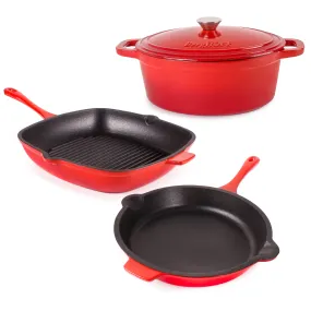 BergHOFF Neo 4pc Cast Iron Cookware Set, Grill Pan, Fry Pan & Oval Dutch Oven, Red