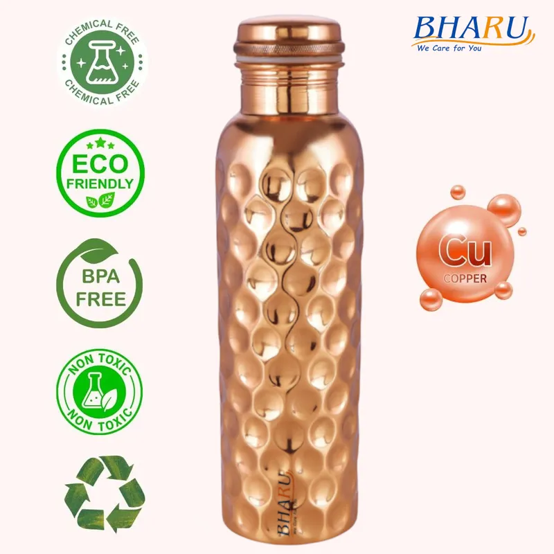 Bharu Diamond Shape Copper Bottle 1000 ml & 2 pcs Diamond Copper Glass