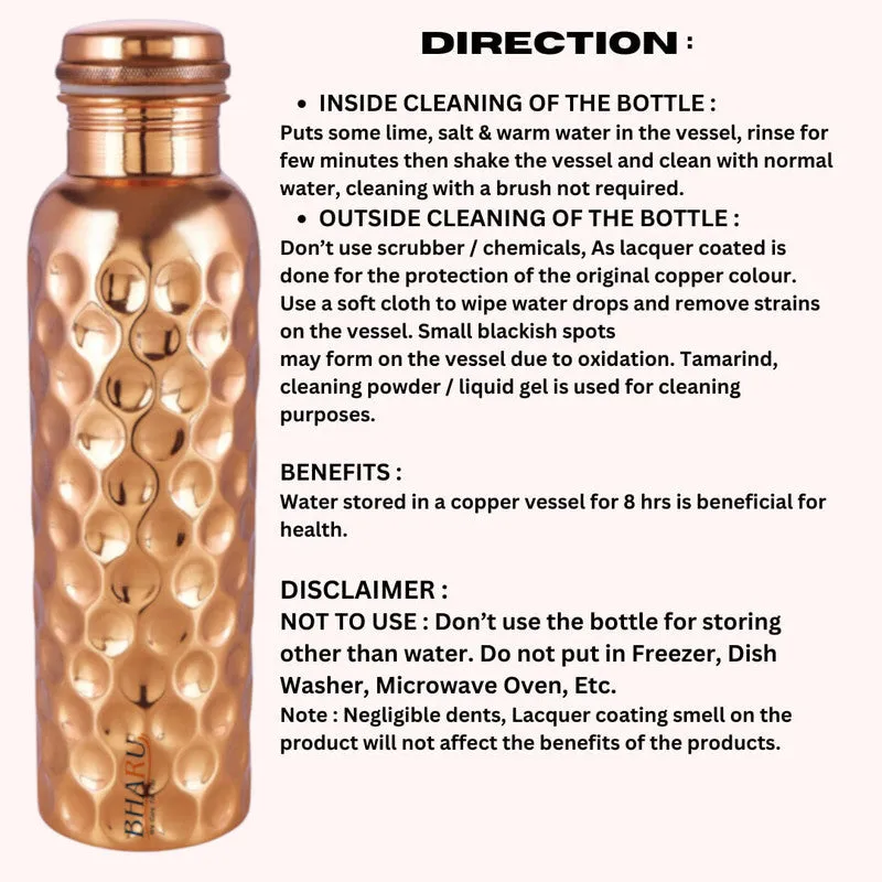 Bharu Diamond Shape Copper Bottle 1000 ml & 2 pcs Diamond Copper Glass