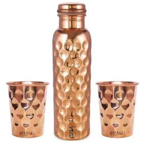 Bharu Diamond Shape Copper Bottle 1000 ml & 2 pcs Diamond Copper Glass