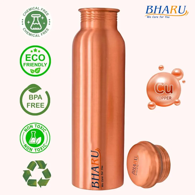 Bharu Plain Copper Bottle 950 ml & 2 pcs Plain Copper Glass