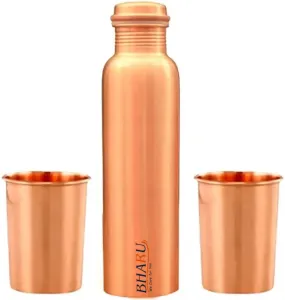 Bharu Plain Copper Bottle 950 ml & 2 pcs Plain Copper Glass