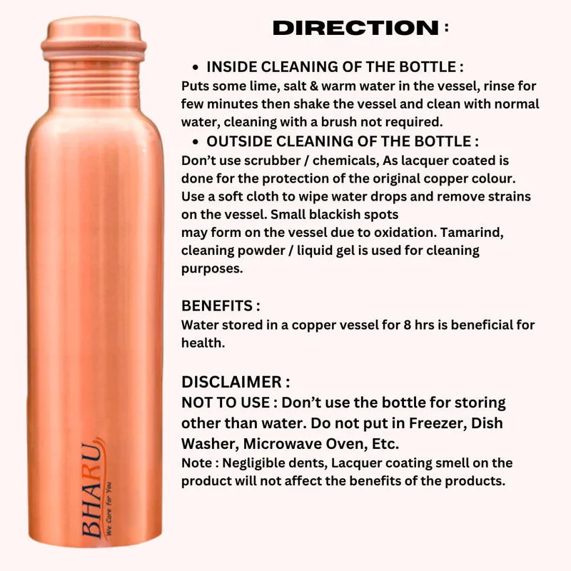 Bharu Plain Copper Bottle 950 ml & 2 pcs Plain Copper Glass