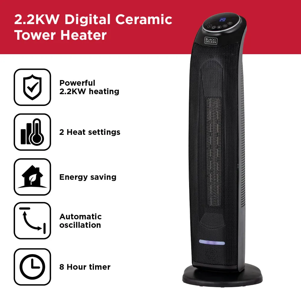 Black Decker Ceramic Tower Fan Heater 2.2KW  - Black