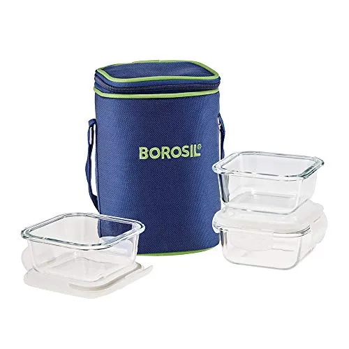 Borosil - Glass Lunch Box Set Of 3, Clear, 320 Ml, Microwave Safe Office Tiffin (12 X 12 X 6.5 Cm)