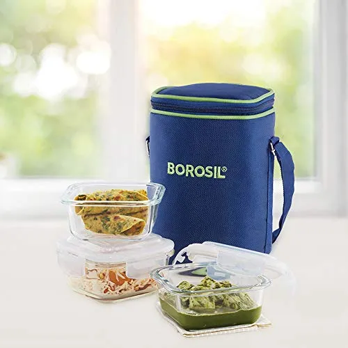 Borosil - Glass Lunch Box Set Of 3, Clear, 320 Ml, Microwave Safe Office Tiffin (12 X 12 X 6.5 Cm)