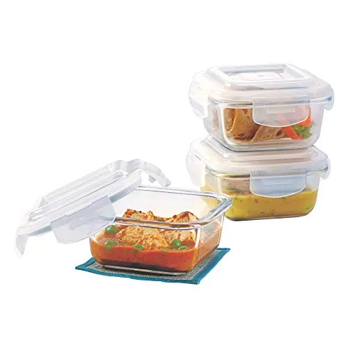 Borosil - Glass Lunch Box Set Of 3, Clear, 320 Ml, Microwave Safe Office Tiffin (12 X 12 X 6.5 Cm)