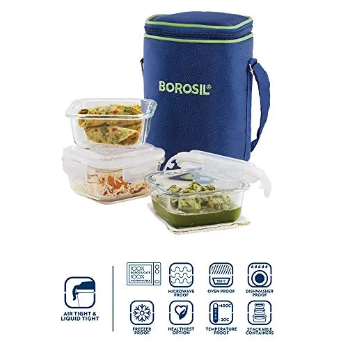 Borosil - Glass Lunch Box Set Of 3, Clear, 320 Ml, Microwave Safe Office Tiffin (12 X 12 X 6.5 Cm)