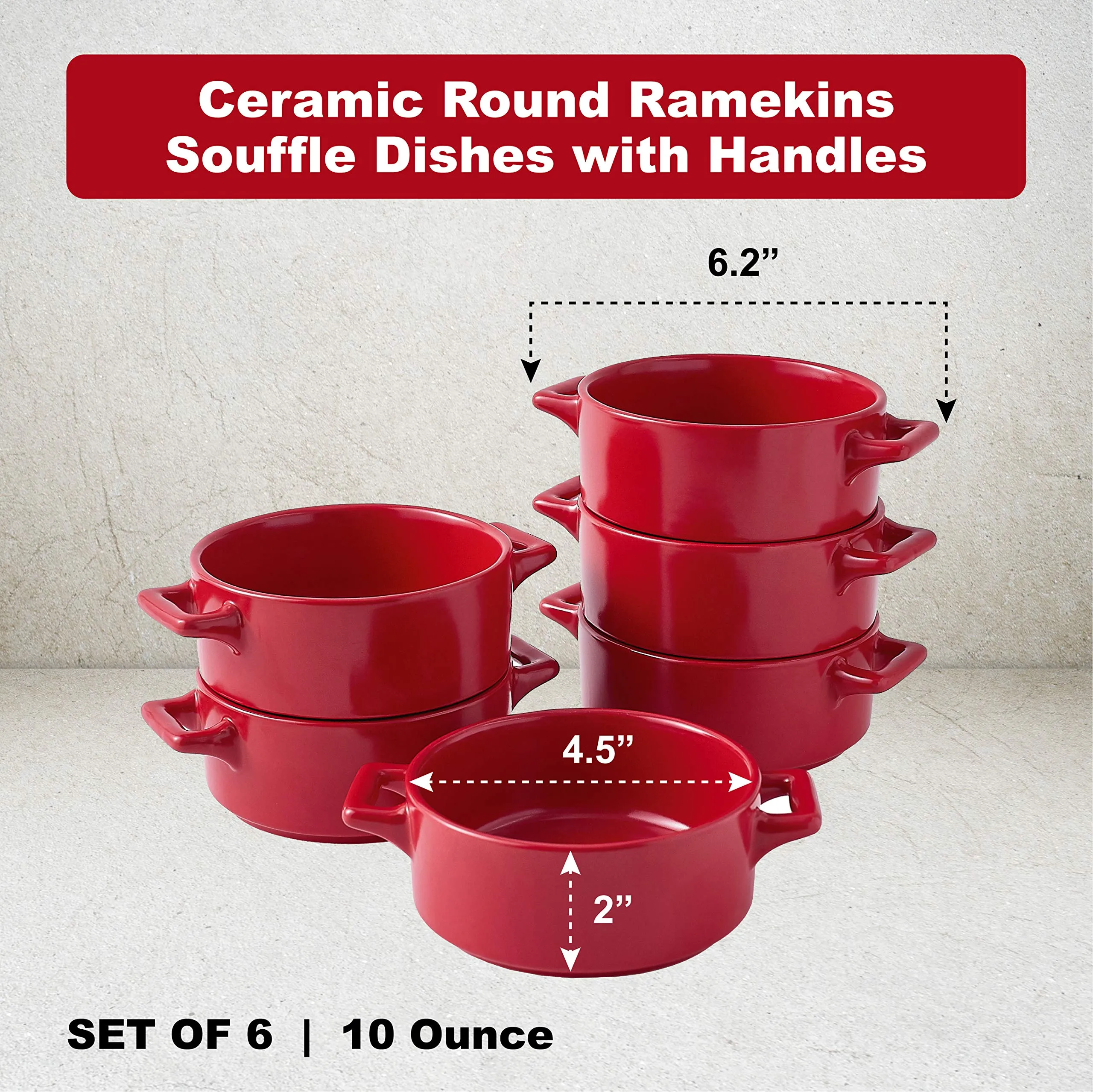 Bruntmor Modern Matte 10oz. Ceramic Round Ramekins Set Of 6 Souffle Dishes with Handles