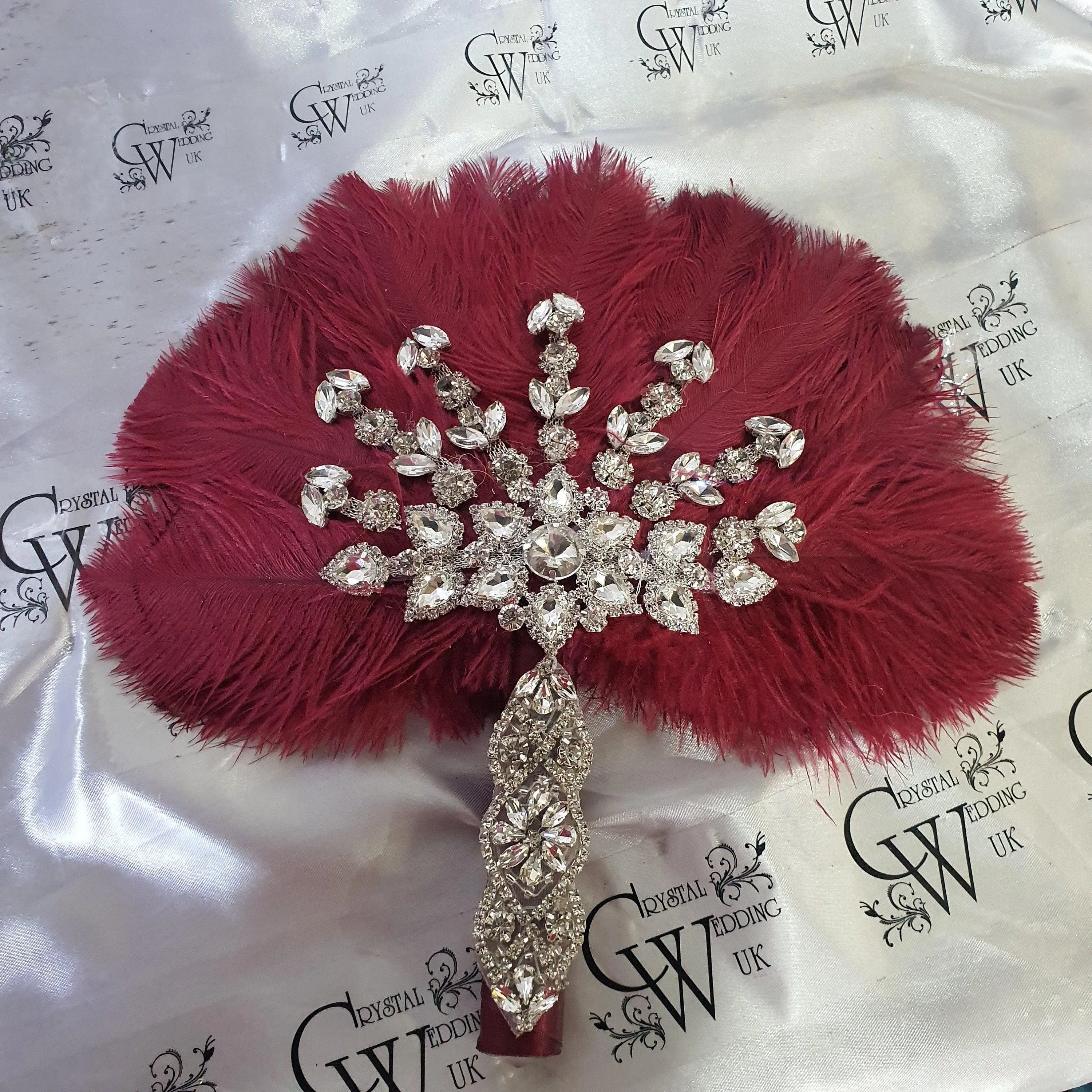 Burgundy wine feather fan bouquet, Great Gatsby wedding style 1920's - any colour as custom made by Crystal wedding uk