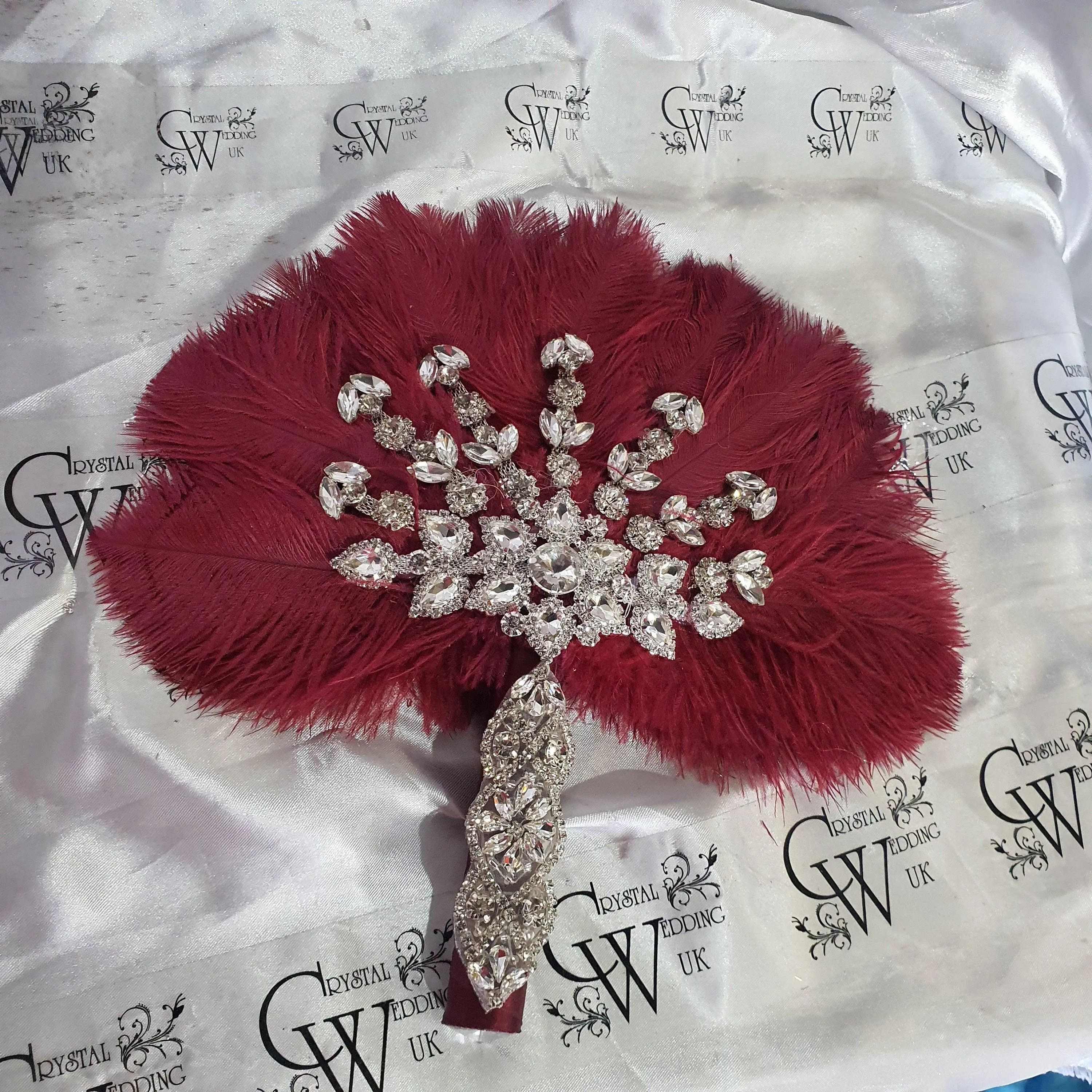 Burgundy wine feather fan bouquet, Great Gatsby wedding style 1920's - any colour as custom made by Crystal wedding uk