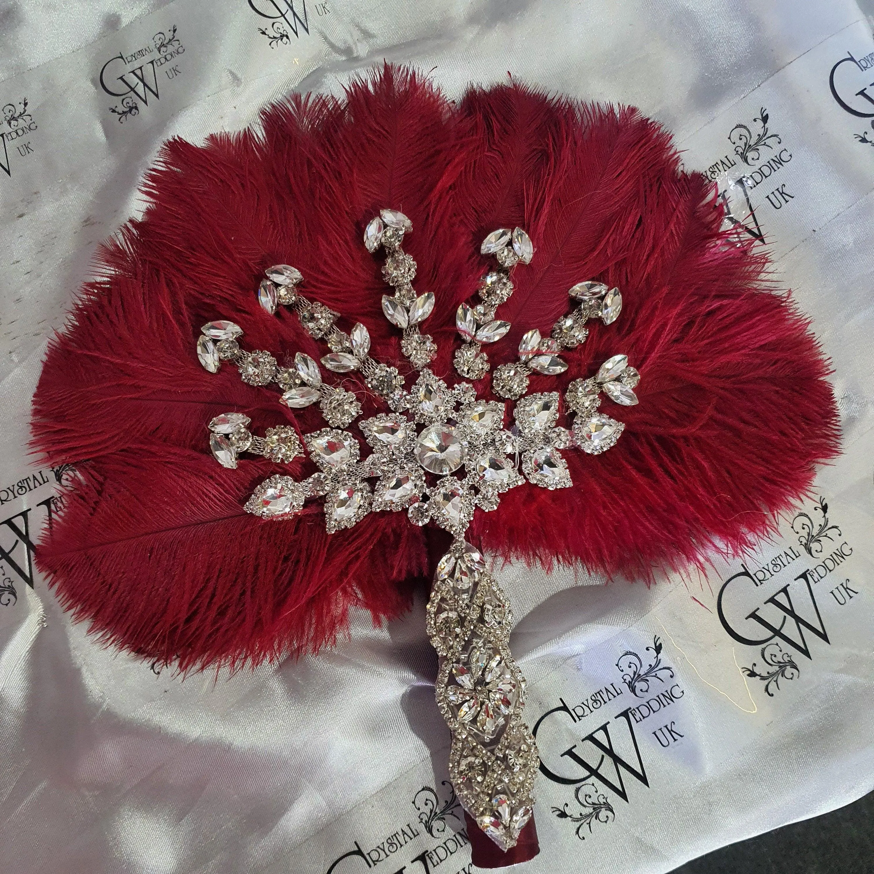 Burgundy wine feather fan bouquet, Great Gatsby wedding style 1920's - any colour as custom made by Crystal wedding uk