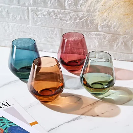 Colored Stemless Crystal Wine Glass Set of 4, Gift For Her, Him, Wife, Friend - Large 16 oz Glasses, Unique Italian Style Tall Drinkware - Red & White, Dinner, Color Beautiful Glassware - (Pastel) by The Wine Savant