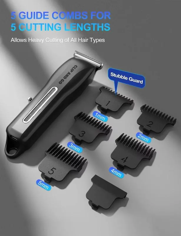 Cordless Rechargeable Hair  & Beard Trimmer Kit with 5 Guide Combs