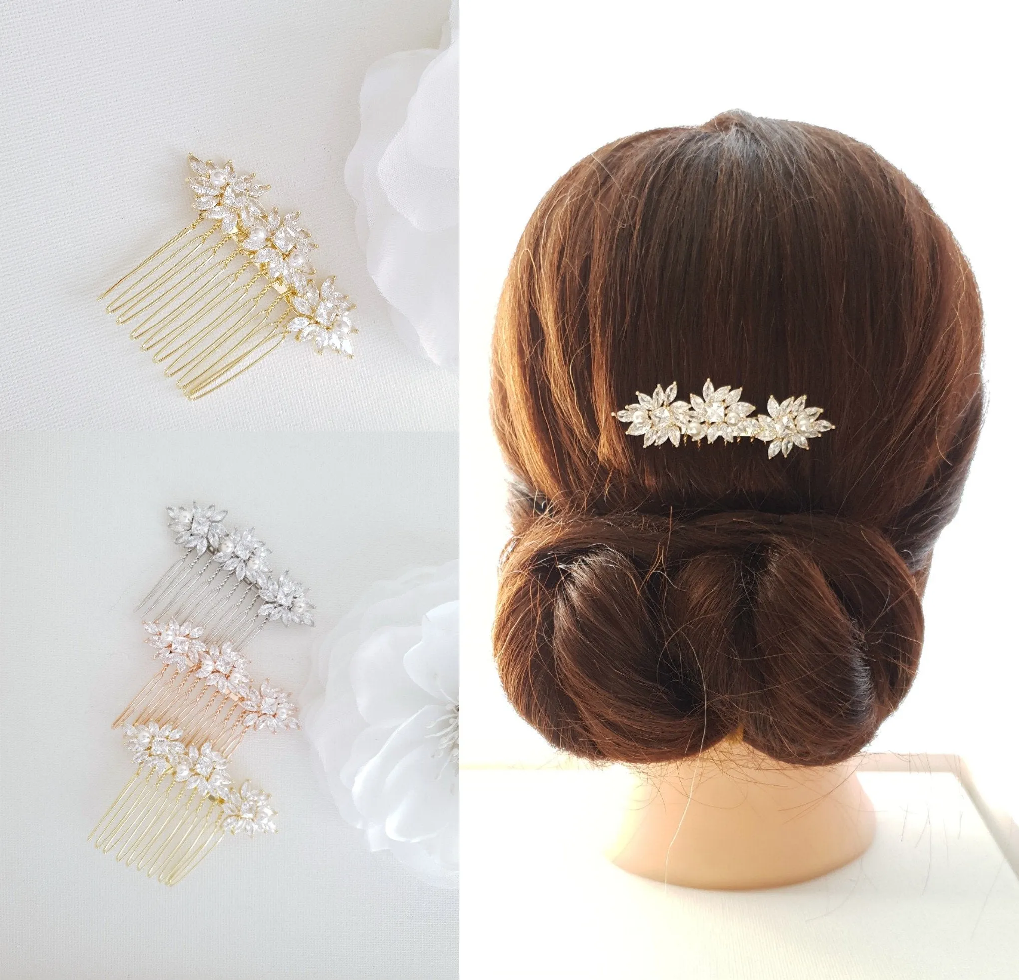 Crystal Flower Gold Hair Comb for Weddings-Bridget