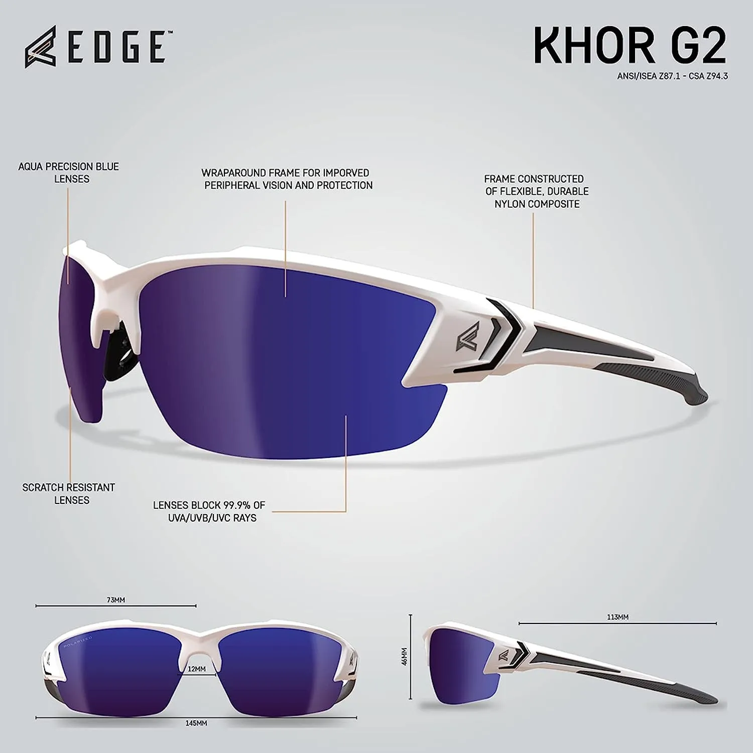 Edge TSDKAP248-G2 Khor G2 Polarized Wrap-Around Safety Glasses, Anti-Scratch, Non-Slip, UV 400, Military Grade, ANSI/ISEA & MCEPS Compliant, 5.04" Wide, White Frame/Aqua Precision Blue Mirror Lens