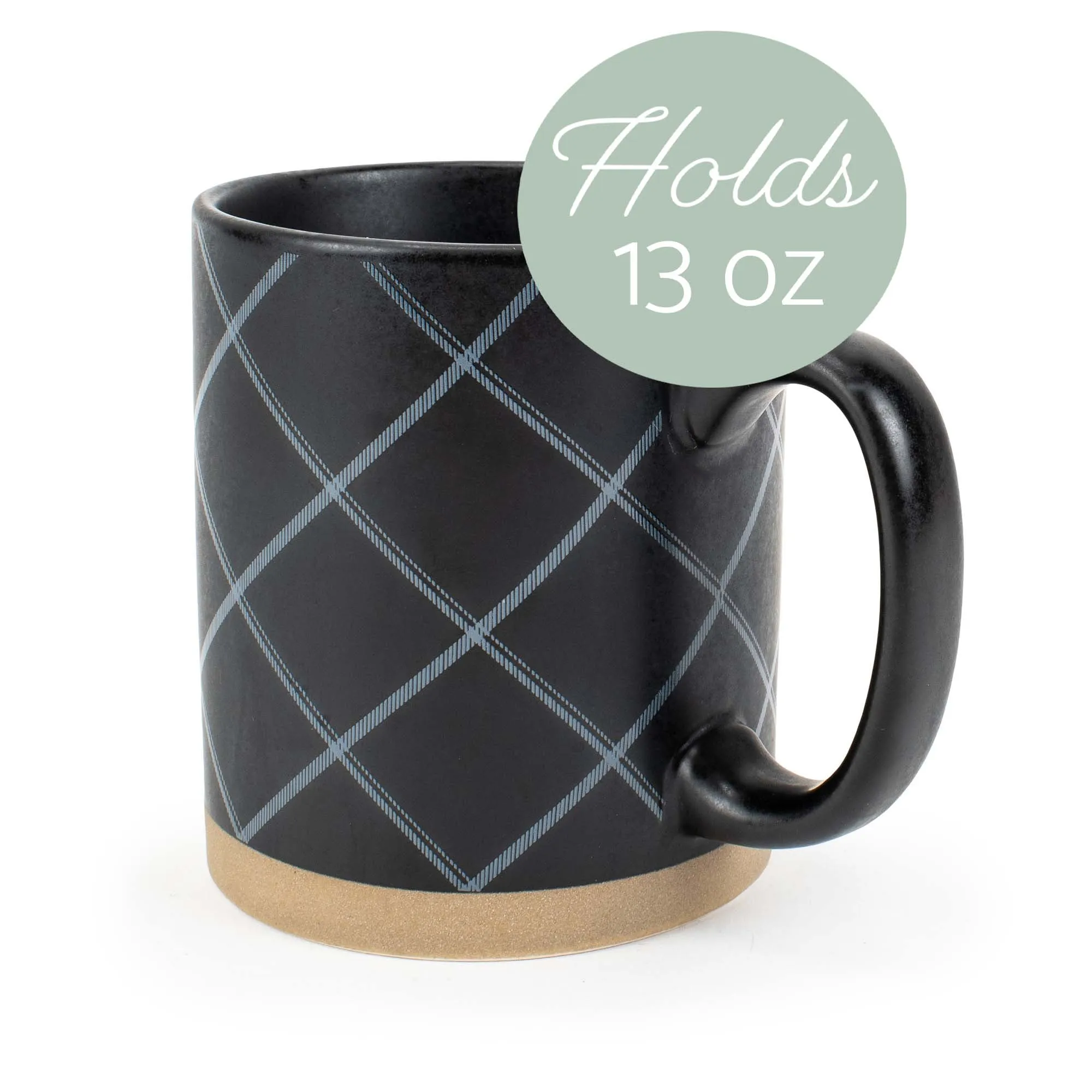 Elanze Designs Modern Plaid Raw Clay Bottom Black 13 ounce Ceramic Coffee Mugs Set of 4