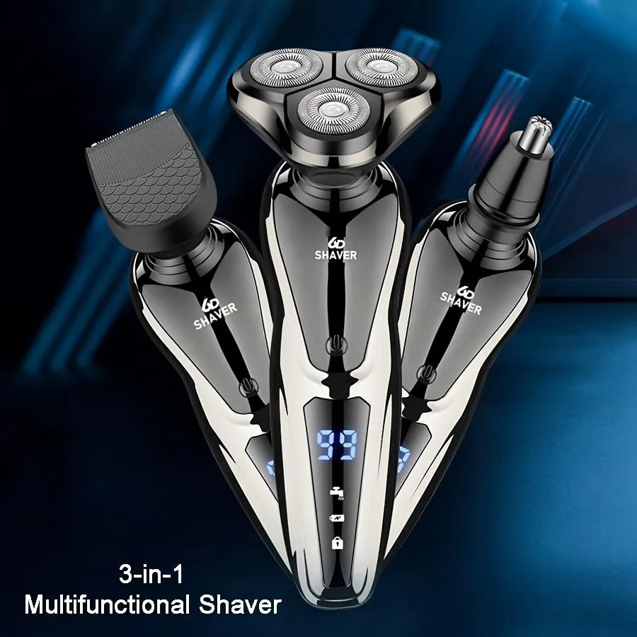 Electric Razor For Men, 3 In 1 Electric Shaver Nose Hair Trimmer USB Rechargeable Portable Razor 3D Floating Blade Digital Display Shaving Beard Machine