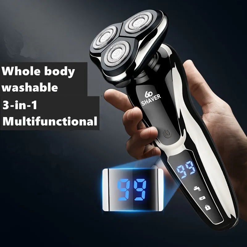 Electric Razor For Men, 3 In 1 Electric Shaver Nose Hair Trimmer USB Rechargeable Portable Razor 3D Floating Blade Digital Display Shaving Beard Machine