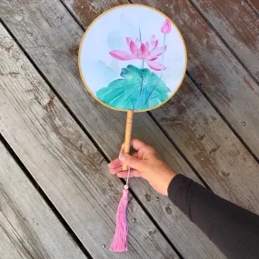 Elegant Round Silk Fan - pink lotus flowers