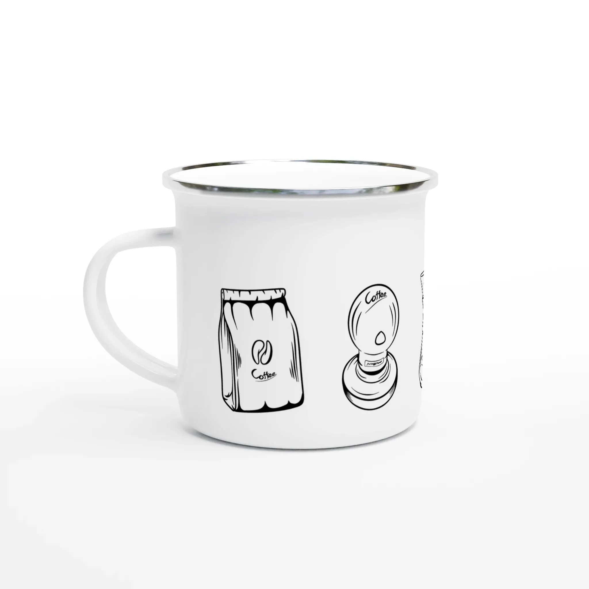 Enamel Mug with Coffee Equipment Doodle Design