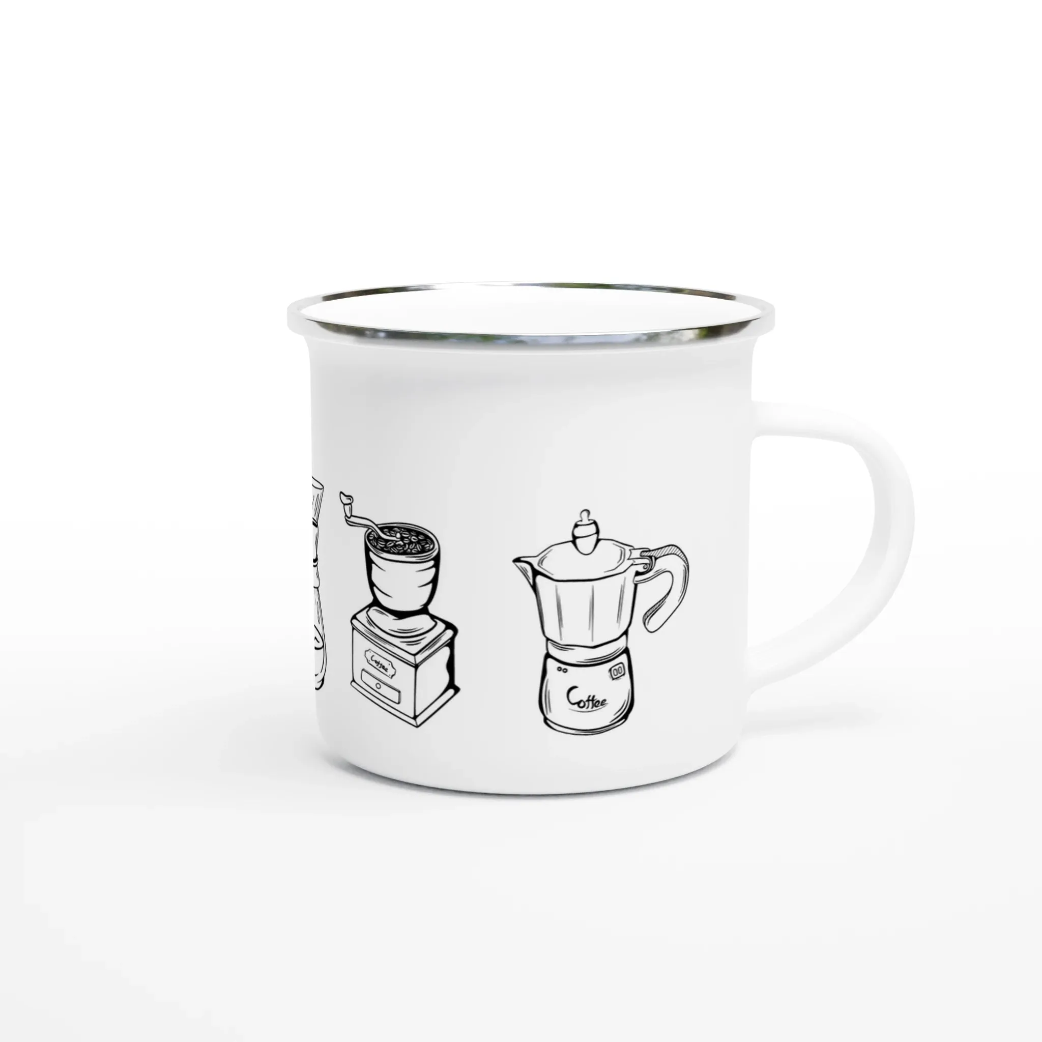 Enamel Mug with Coffee Equipment Doodle Design