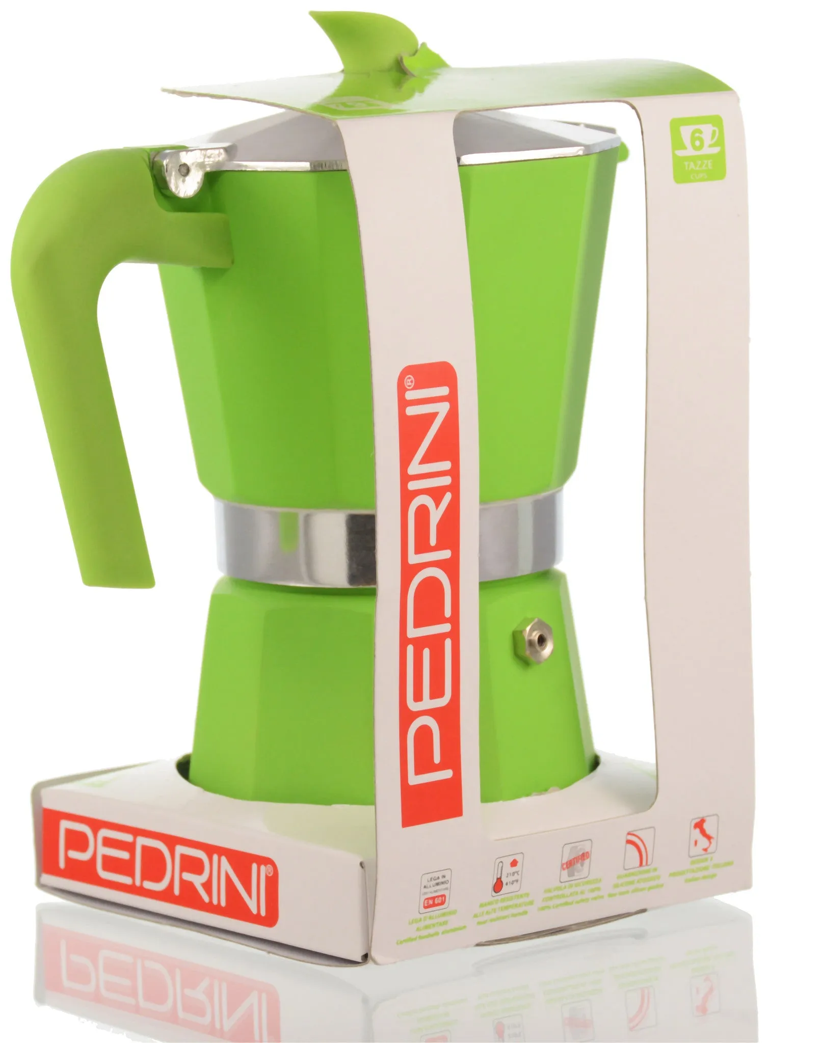 Espresso Coffee Maker Moka Pot: PEDRINI ITALY Polished Aluminium Stovetop Espresso Maker- Green, available in 4 sizes