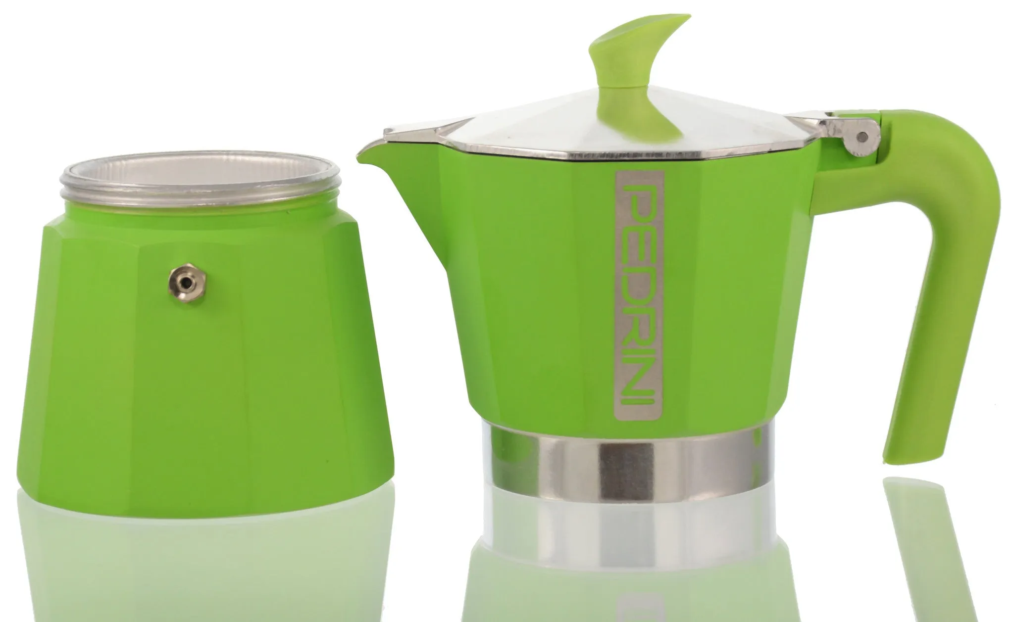 Espresso Coffee Maker Moka Pot: PEDRINI ITALY Polished Aluminium Stovetop Espresso Maker- Green, available in 4 sizes