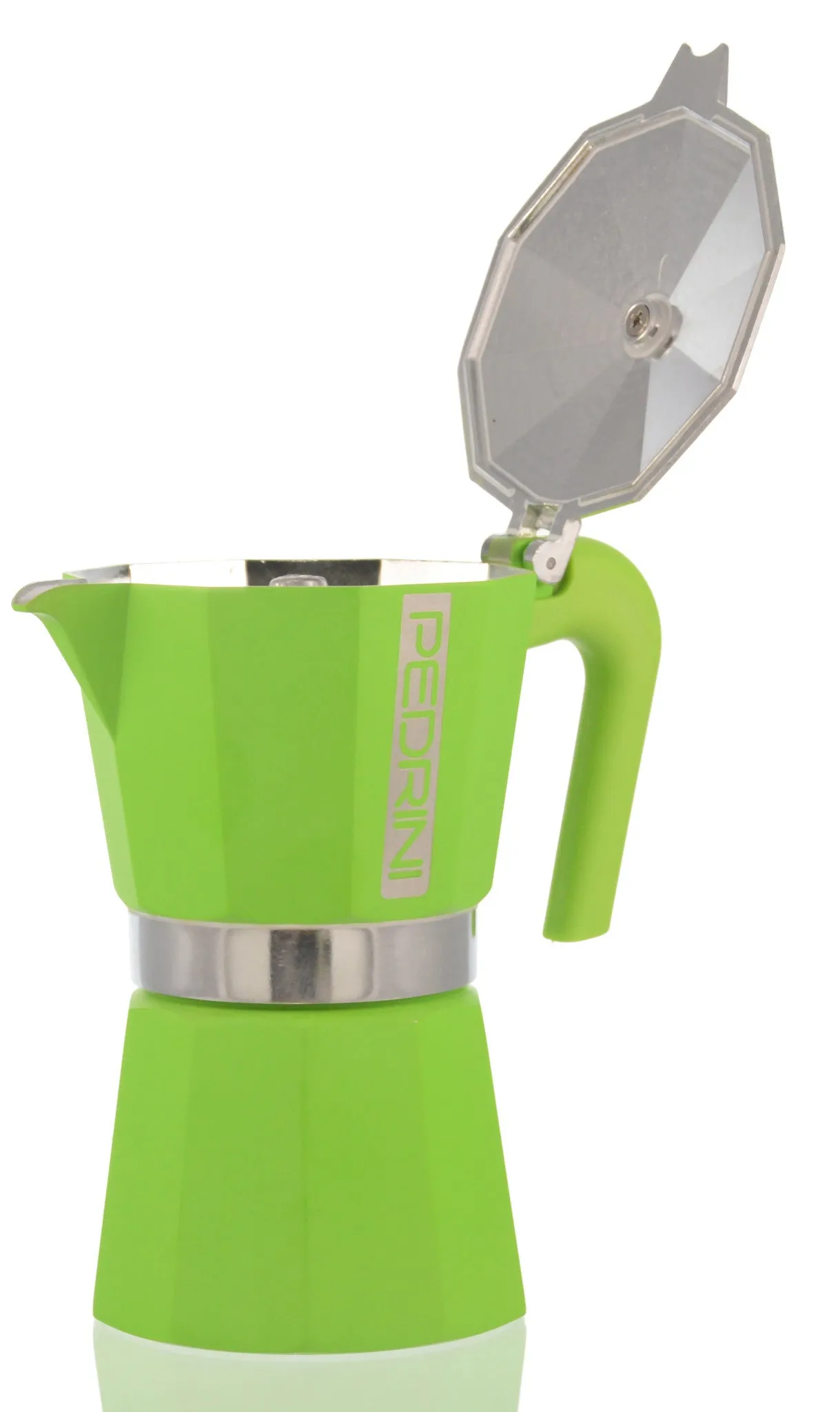 Espresso Coffee Maker Moka Pot: PEDRINI ITALY Polished Aluminium Stovetop Espresso Maker- Green, available in 4 sizes