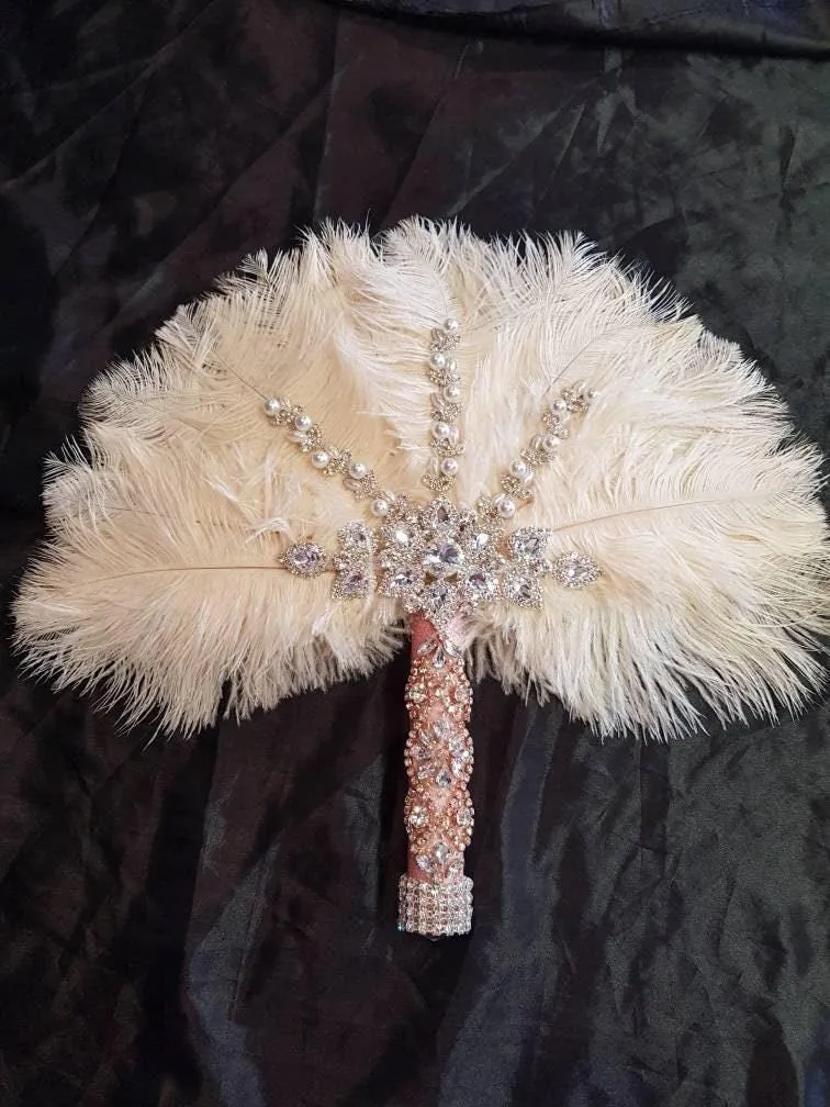 Feather wedding Fan gold Ostrich feather Gatsby fan 1920's bouquet by Crystal wedding uk