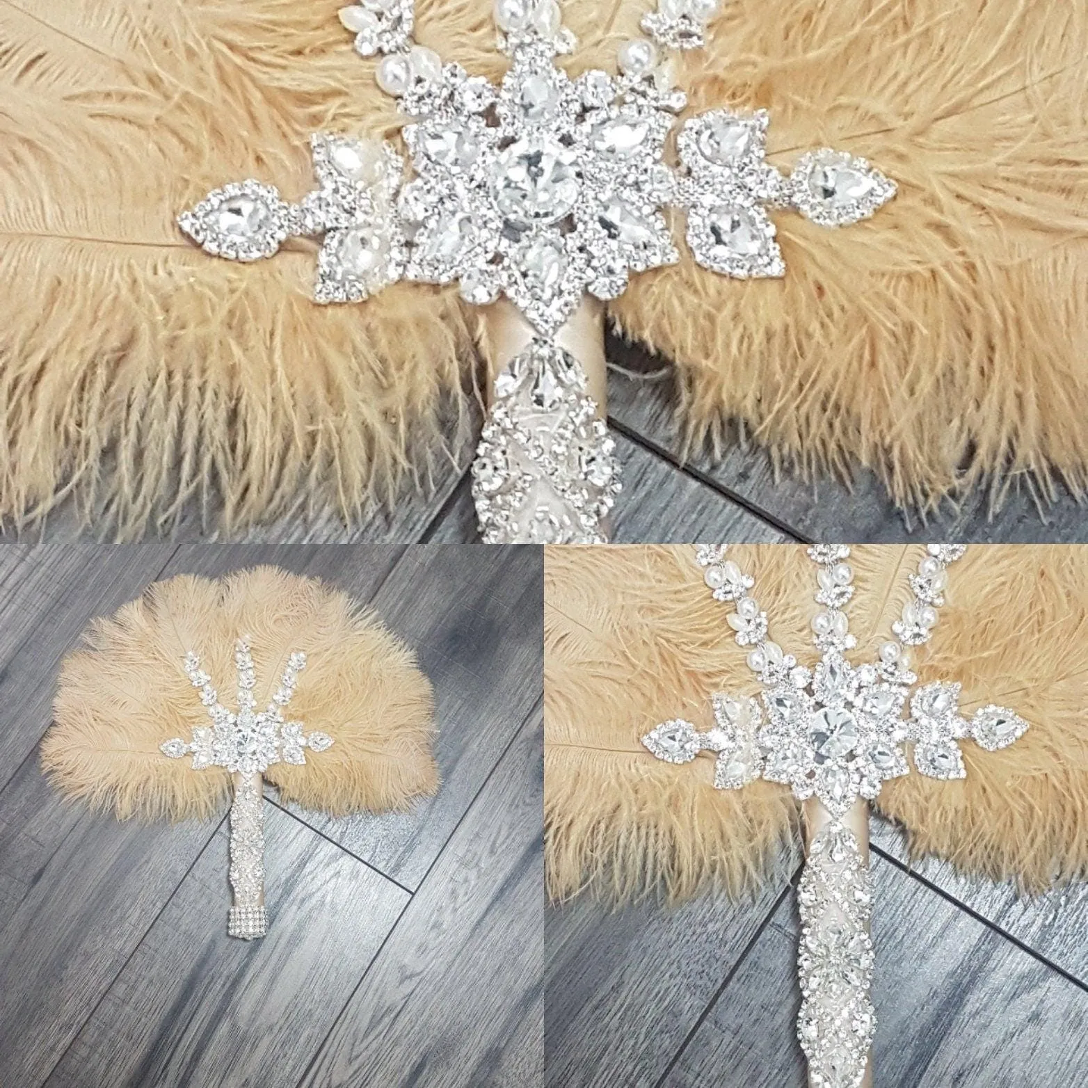 Feather wedding Fan gold Ostrich feather Gatsby fan 1920's bouquet by Crystal wedding uk